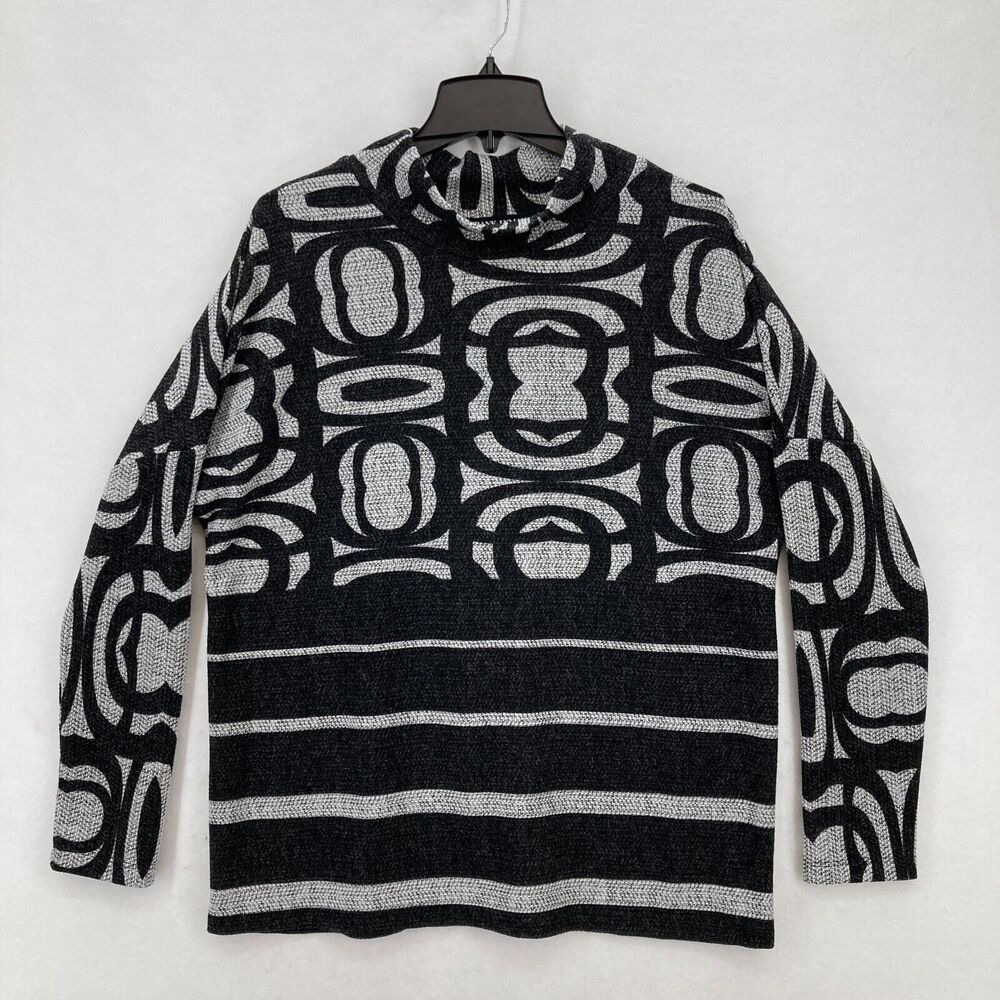 Frank Lyman Turtle‎ Neck Batwing Sleeve Top Women's 10 Black Gray Abstract Artsy